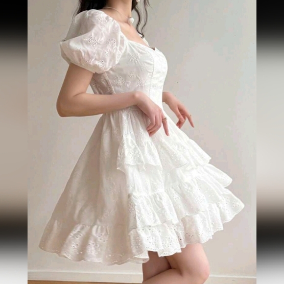 Romantic Embroidery Ruffle Hem Women Mini Dress, White Dress For Graduation - Picture 4 of 4